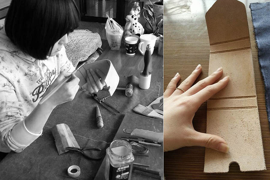 1:设计稿完成后,开始裁切皮料(转折部分勾出凹槽便形成造型)