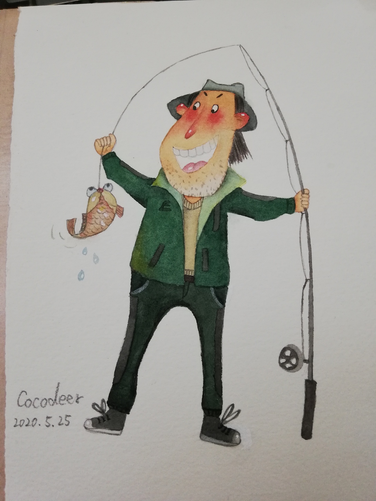 原创水彩人物——一个钓鱼的蜀黍!