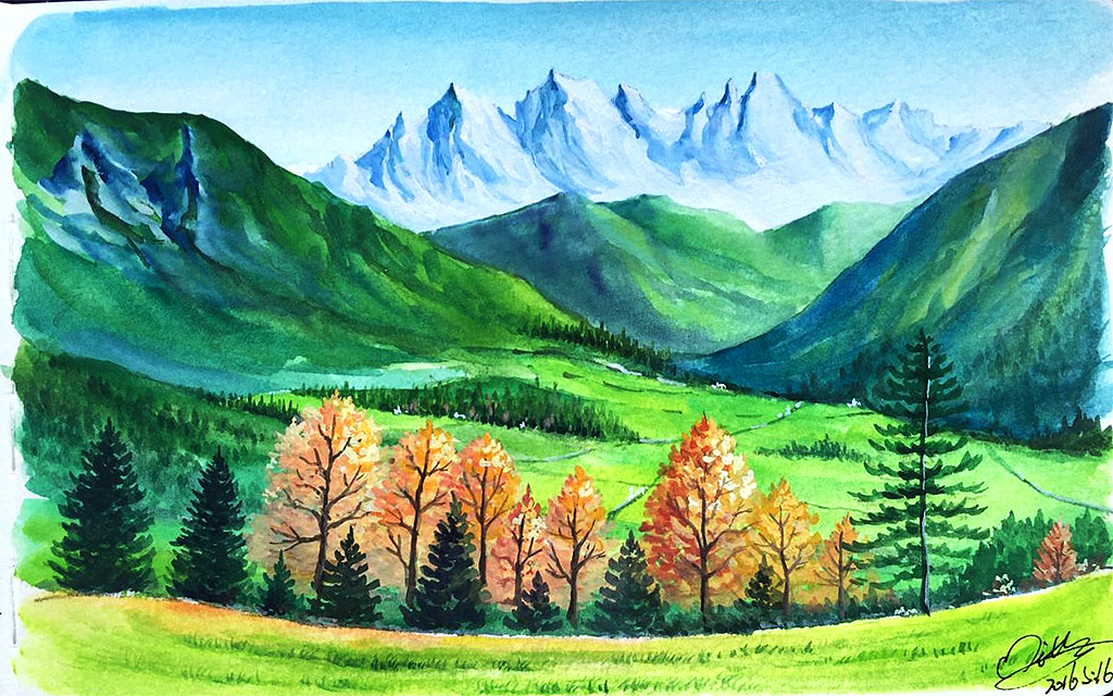 【米蒂风景水彩】阿尔卑斯山脉（图ZNDkyNDIzNTI=） - 商业插画 - 站酷设计师Mitty_米蒂原创素材 - 站酷ZCOOL