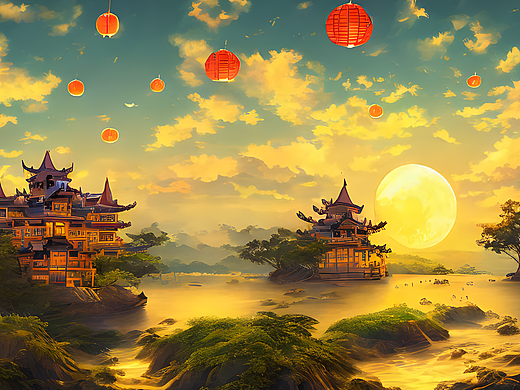 #站酷梦笔#中秋，月饼，城堡，岛屿中间，插画（个人主页-ZNjM1OTIxOTY=） - AI作品 - 站酷设计师ZJVN原创素材 - 站酷ZCOOL