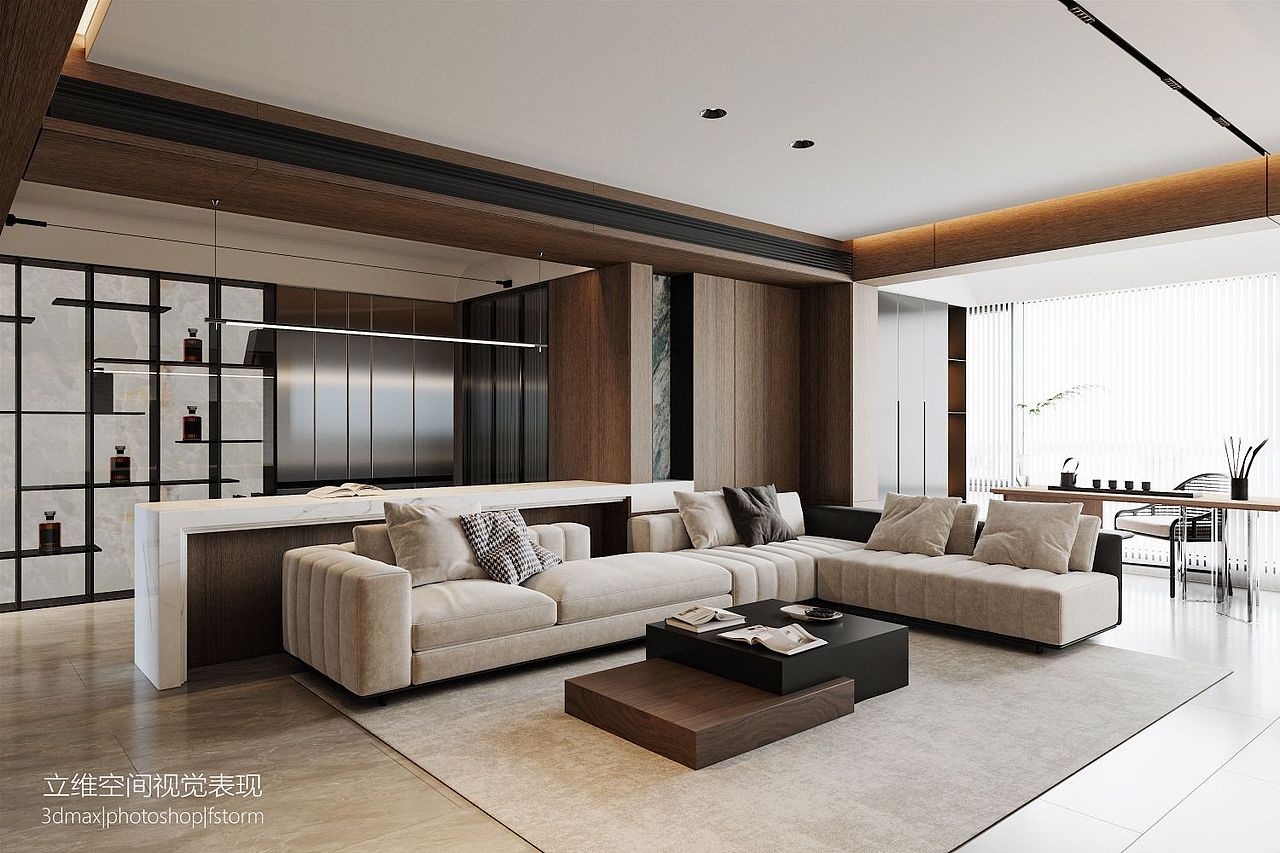 金属与原木的碰撞|现代客餐厅效果图（图ZMzMzMTM5ODM2） - 建筑设计 - 站酷设计师立维空间表现原创素材 - 站酷ZCOOL