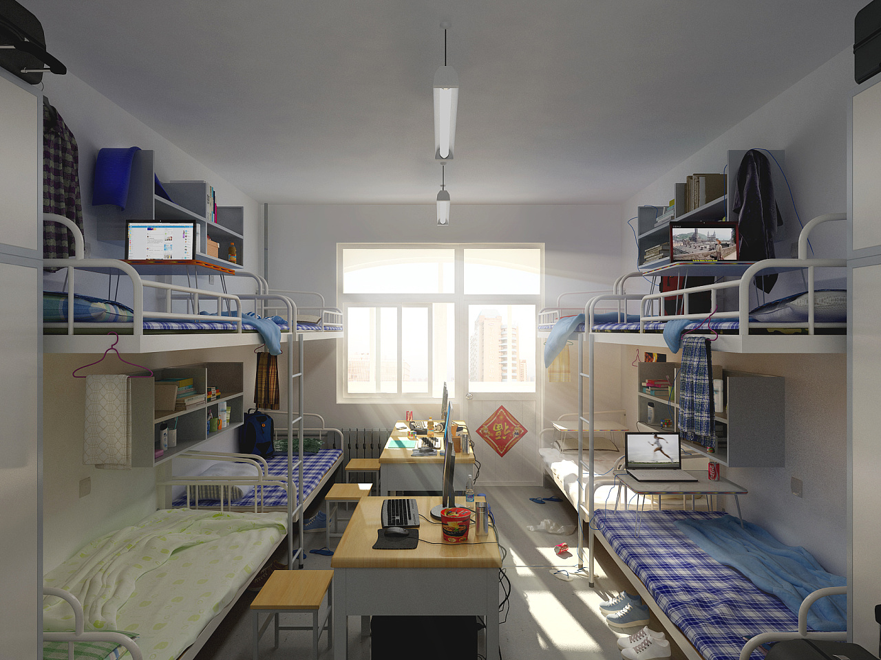 上午的阳光洒进宿舍,新的一天开始