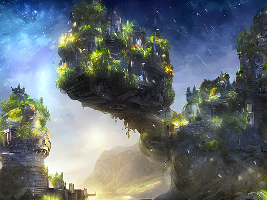 #AI创作实验室#一座悬浮空中花园的城堡，璀璨的银河