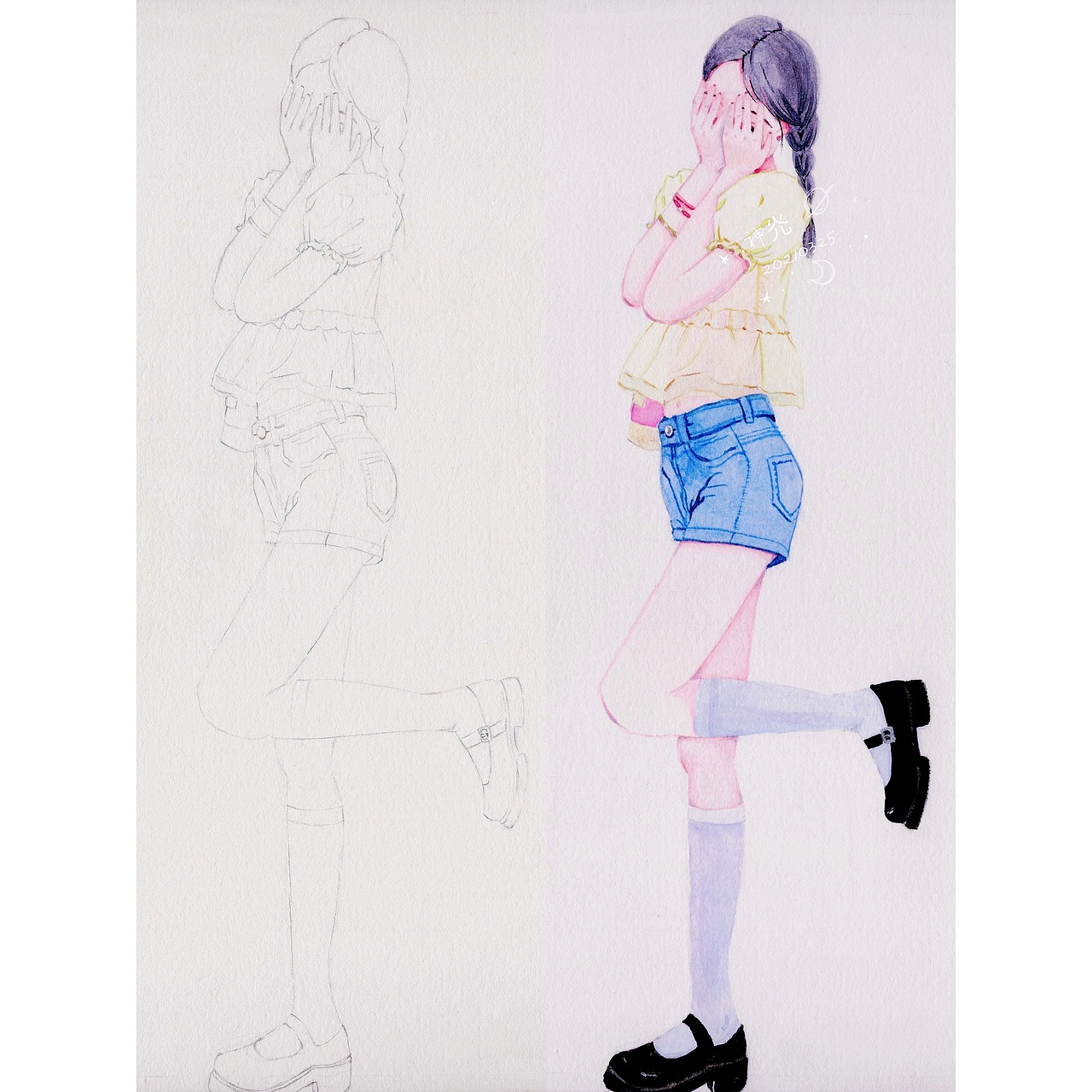 水彩人物全身绘制 捂脸害羞少女（图ZMjUwMTY2MTM2） - 商业插画 - 站酷设计师神灮guang原创素材 - 站酷ZCOOL