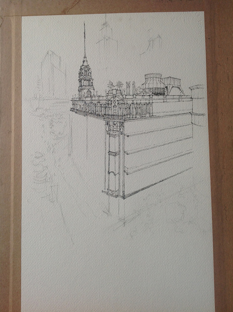 建筑手绘—上海街道俯视 (线稿过程)