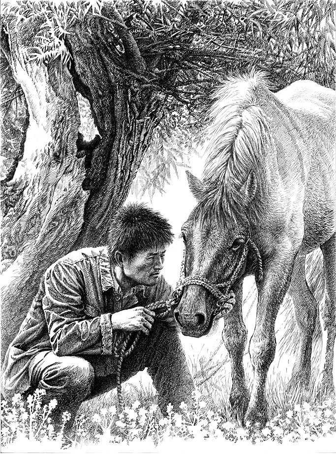 任保海为曹文轩《蓝花》创作的钢笔画作品