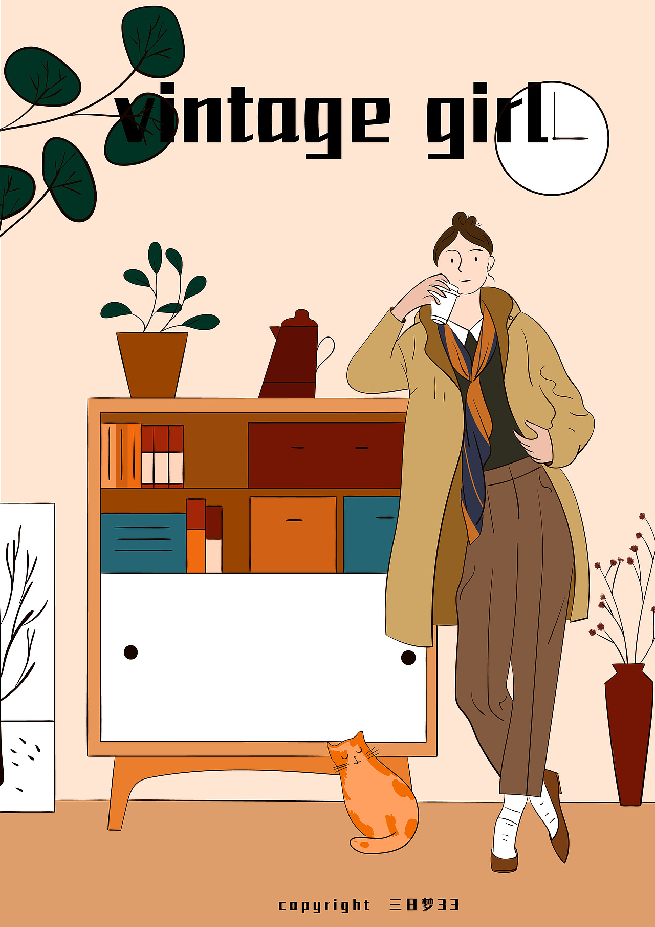 vintage girl 复古女孩插画