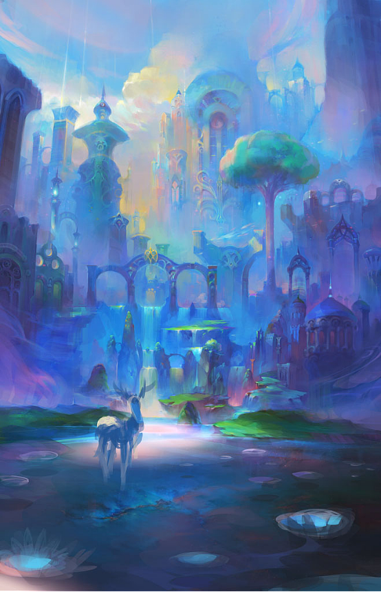 有舍就有得,我再次回到原点,将水面加强,星辰的效果减弱,来达到层次的表现,水底是星辰为衬托,上为水面及睡莲,让这三种元素拉开层次距离,为空间。鹿是这个系列的主角,我准备为它选一个舒服的画面位置。虽然开始它像只驴,但这步只为渲染在画面中位置。所以不要在没有安排好位置的情况下茫然去刻画它。