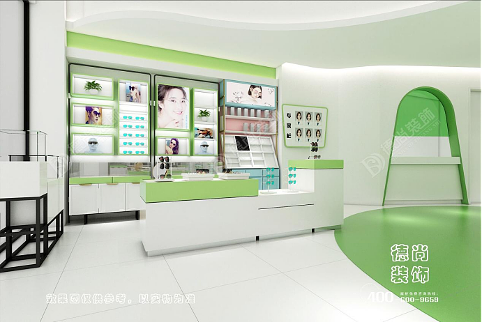 山东济南180平眼镜店装修展柜设计,夏季装修色彩搭配