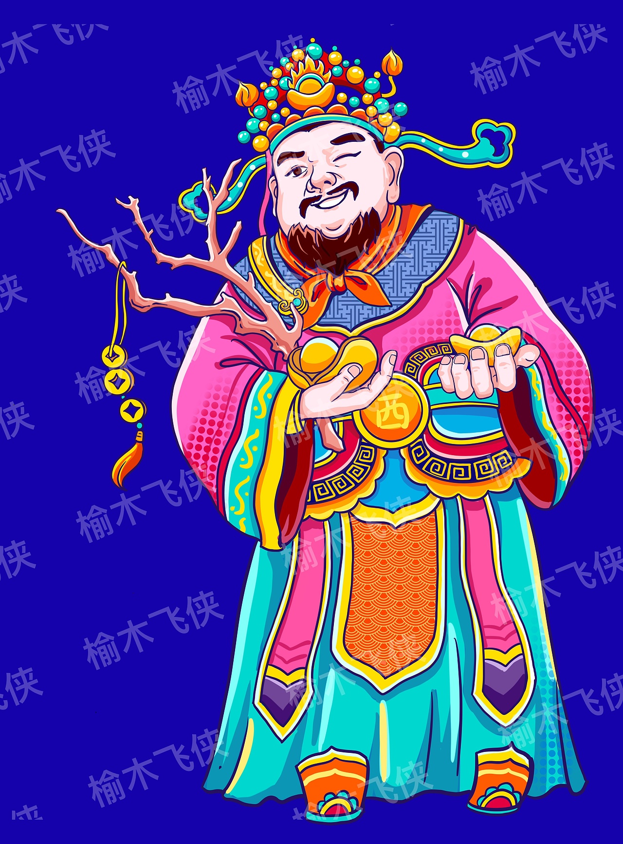 五福财神原创国潮商业插画