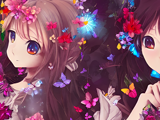 ai创作实验室#动漫风,花朵,蝴蝶,美少女