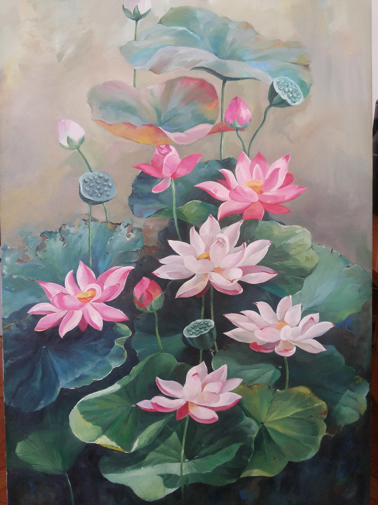 分享收藏标签油画玄关艺术荷花背景墙油画定制丙烯画添加表情喜欢ta的