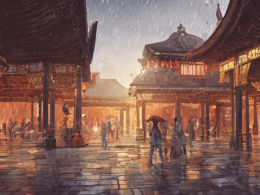#AI创作实验室#民族风建筑，楼阁，街道，人群，下雨