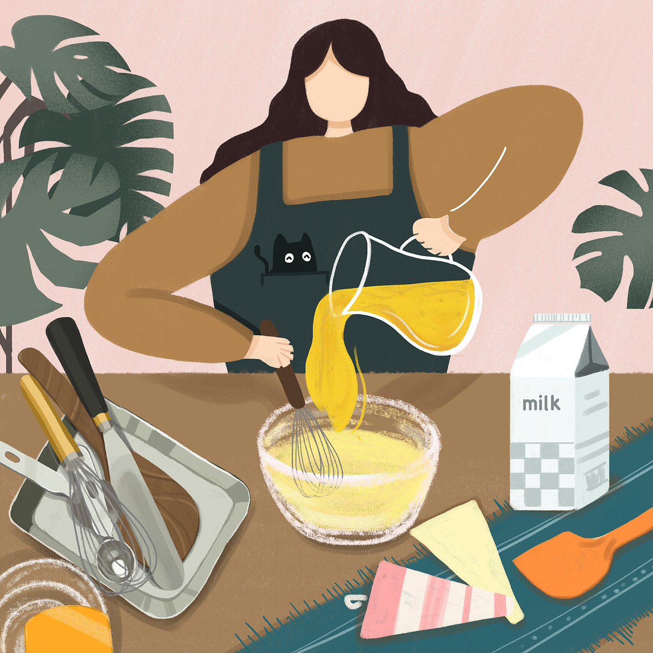 周末在家做千层蛋糕 觉得好像还没有画过自己做蛋糕的样子 烘焙和插画