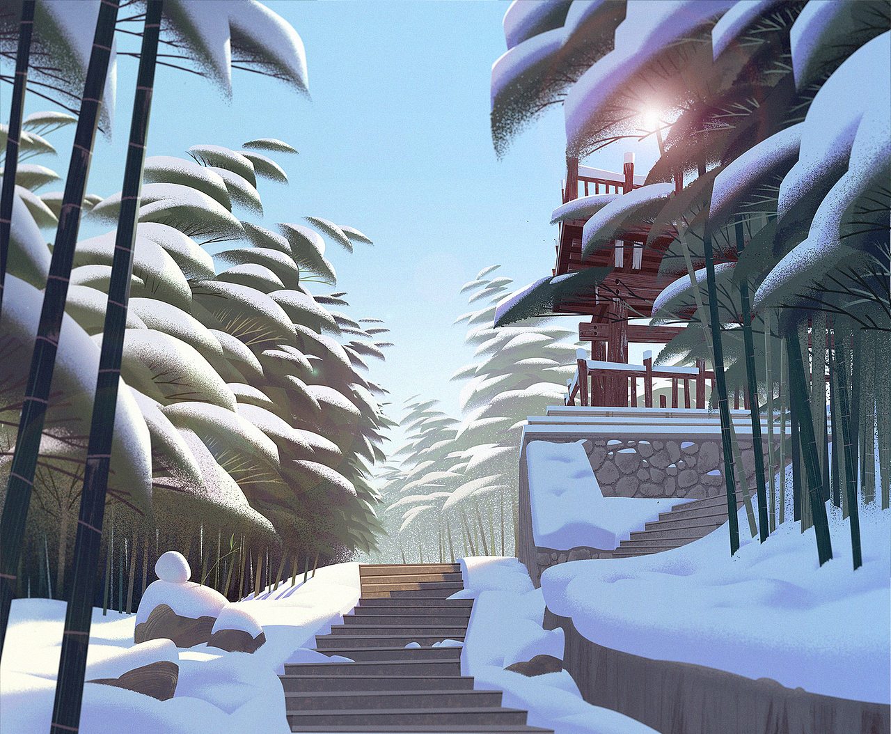 ⬆️
雪后晴天。<br>根据雪天的景象特征:<br>明暗对比强、冷暖倾向明显,<br>颜色饱和度低但是对比度不“灰”;<br>添加雪盖与雪地。<br>