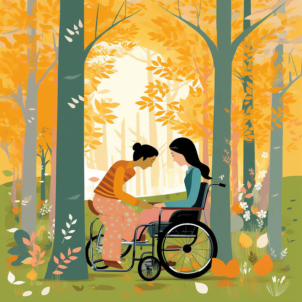 童书风格森林中轮椅情侣
