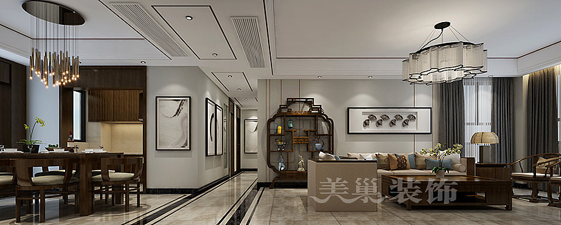 郑州天地湾装修效果图420平别墅新中式设计方案---客餐厅