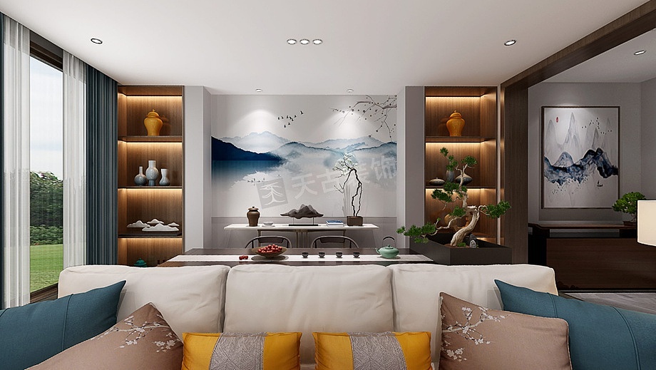 远洋高尔夫装修,联排别墅新中式风格,天古装饰设计师