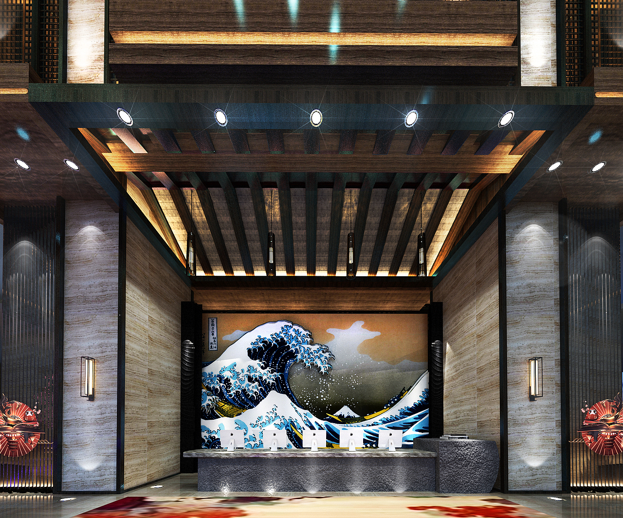 沧浪之韵·和风酒店大堂（图ZMTE2NDE4MjM2） - 酒店餐饮设计 - 站酷设计师小朱睡不着原创素材 - 站酷ZCOOL