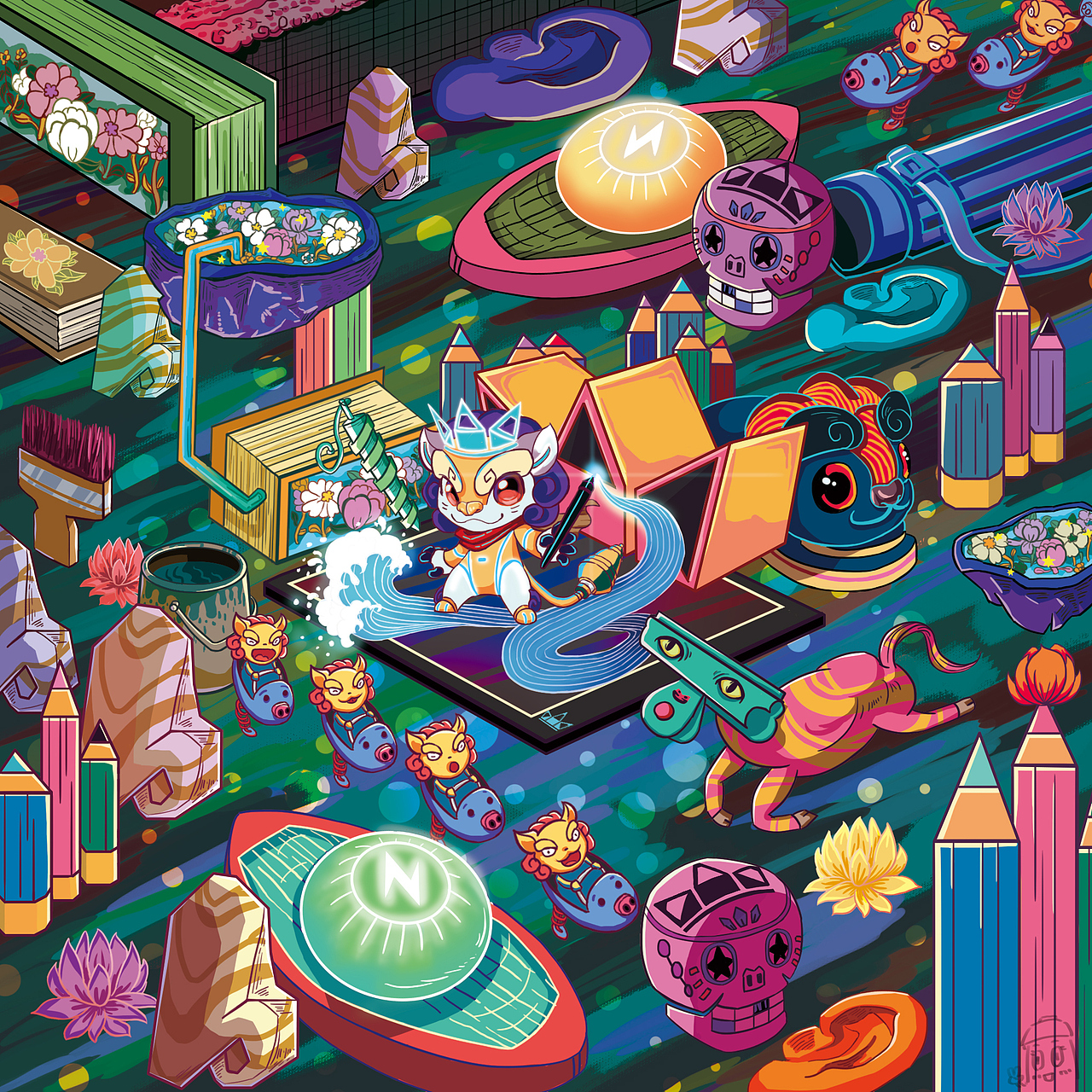  br>     右边背后的皇冠和手绘板组成绘王的标志, br>左边的浮山和