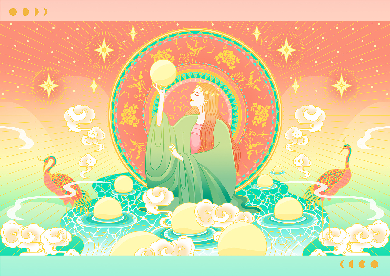 常羲是创世之神之一,生了十二个月亮,也称"月母",她负责调和阴阳和