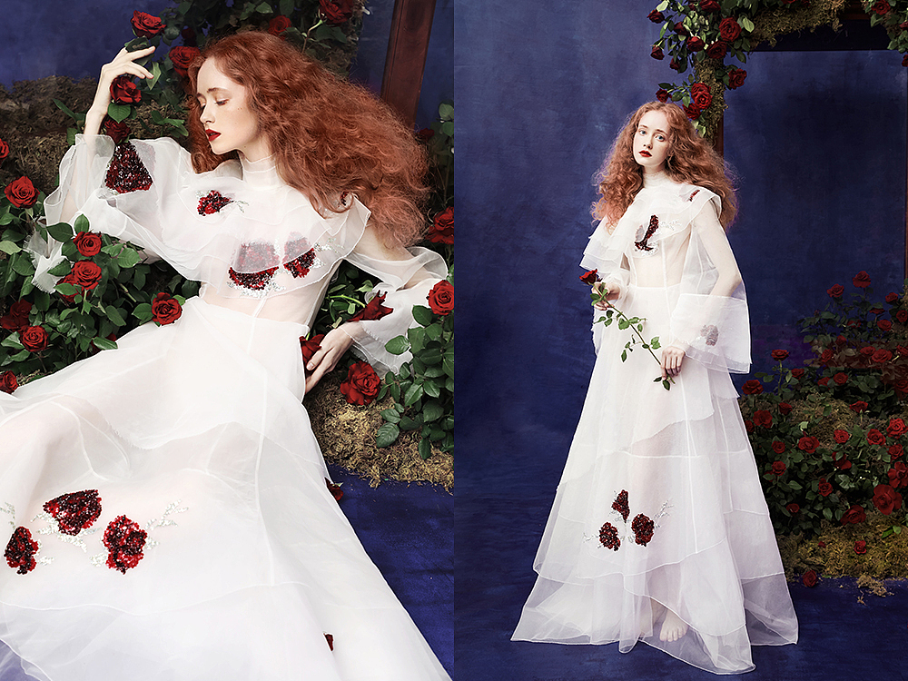 望设计|婚纱设计师兰奕《小玫瑰》。倘若一个人对一朵花情有独钟,而那花在浩瀚的星河中,是独一无二的,那么,他只要仰望繁星点点,就心满意足了。