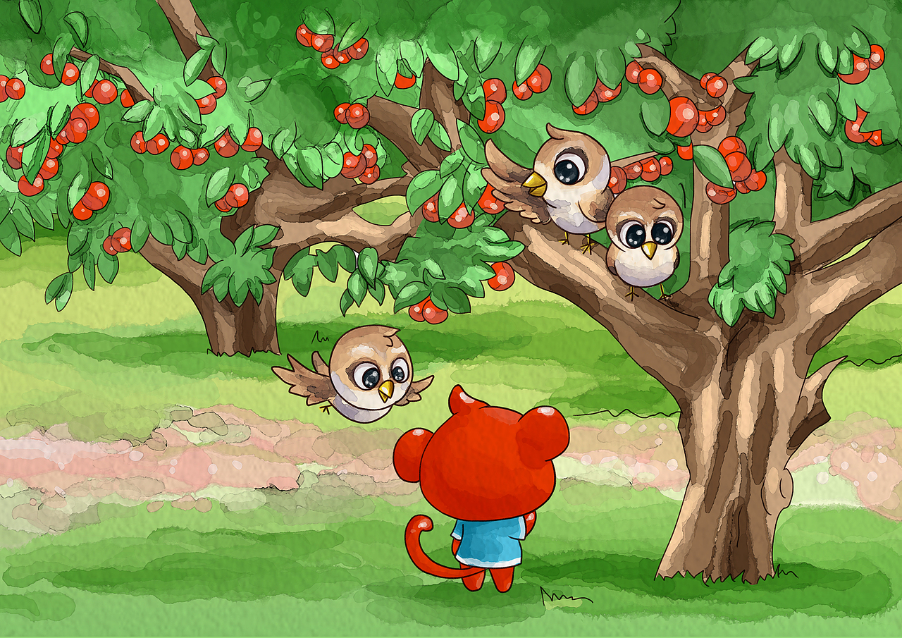 爽爽路过一棵结满果子的樱桃树时,麻雀们正在唱歌:"叽叽喳喳,叽叽