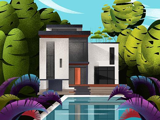 现代中式建筑插画