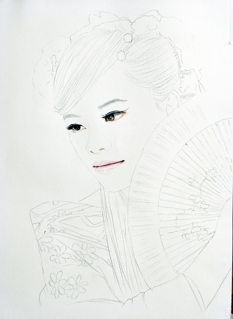 彩铅古装美女肖像画---叶青(过程)