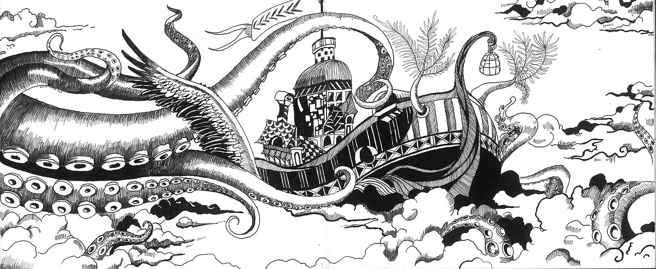 邹邹安 ——大学映射——手绘 黑白 插画 创意 中国风