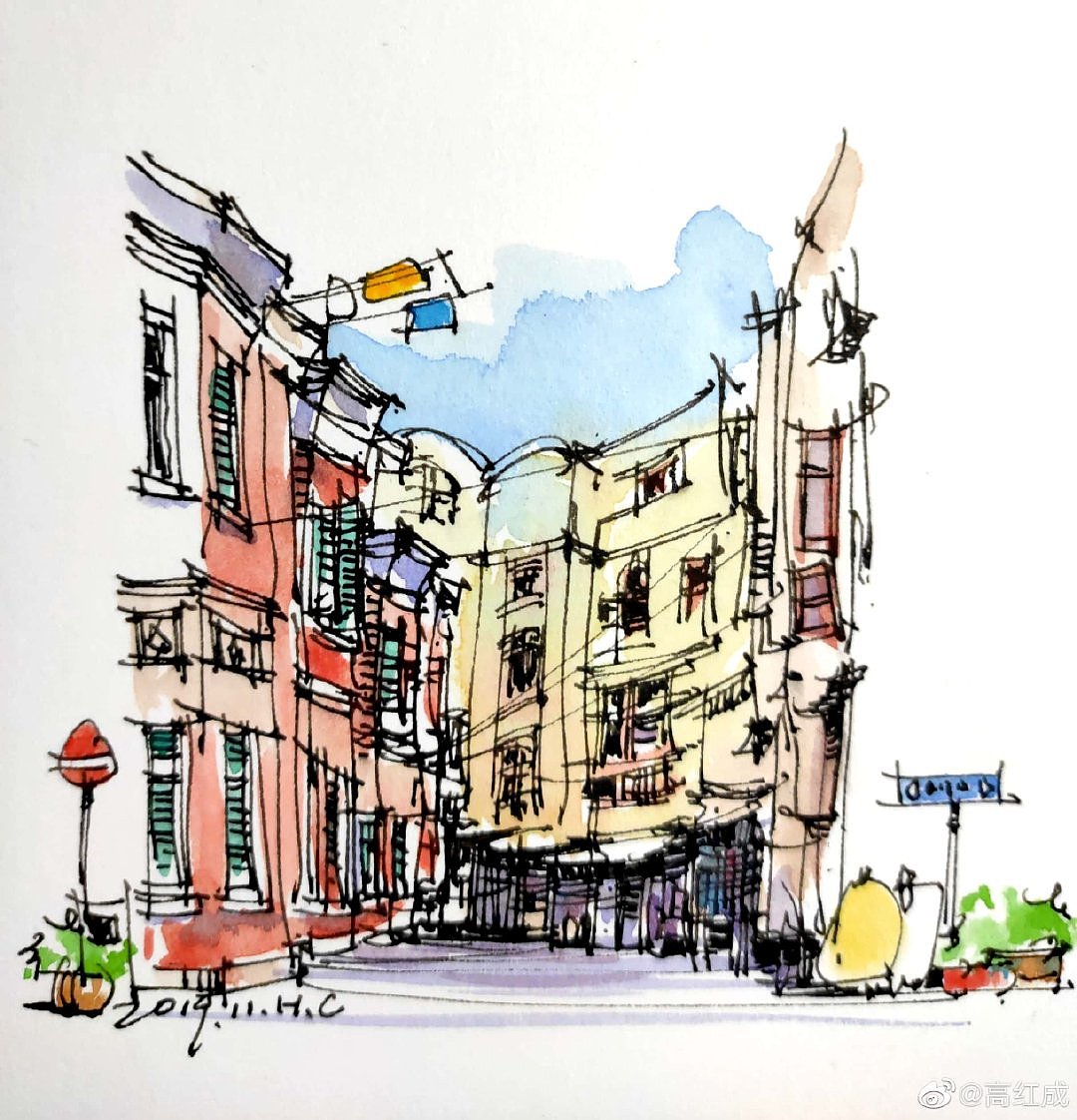 钢笔淡彩建筑风景速写