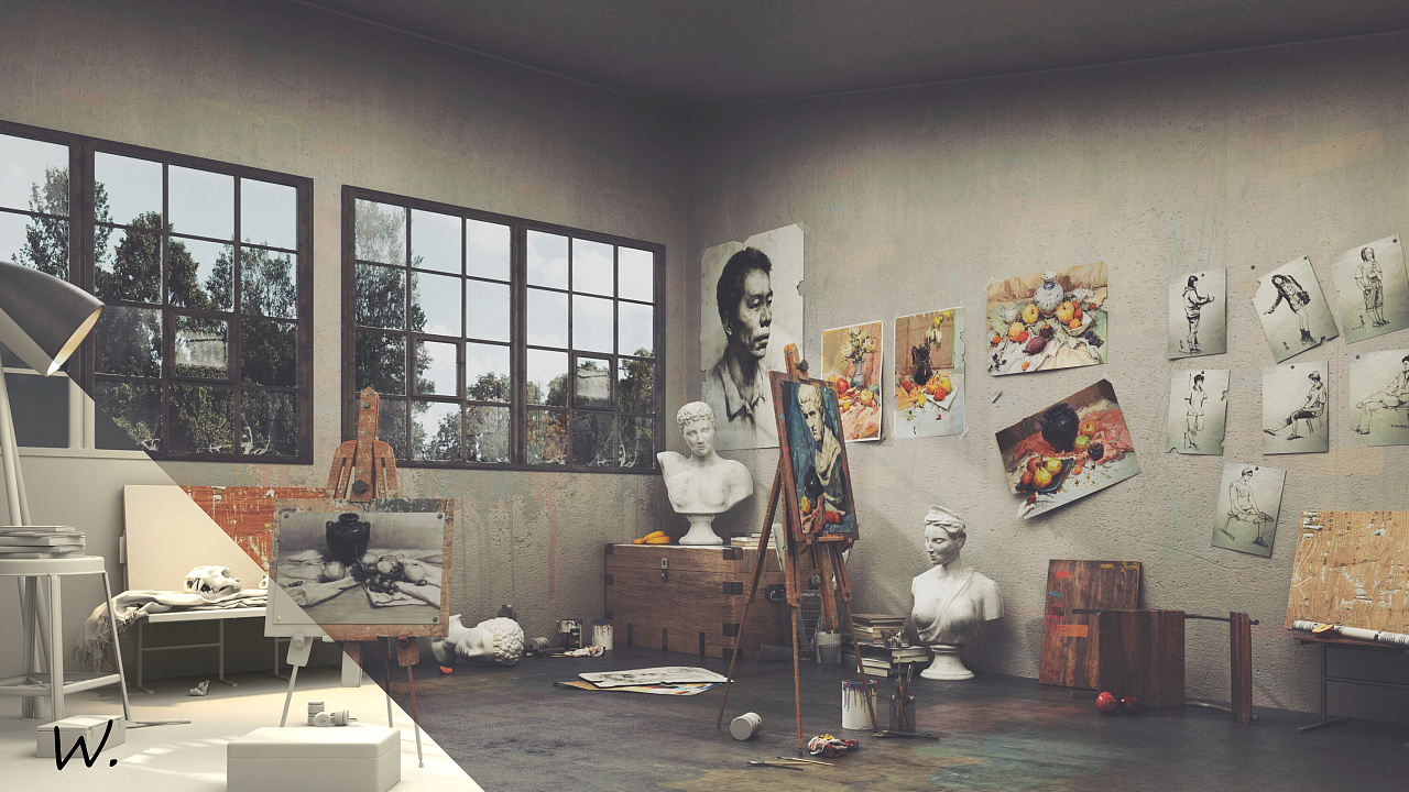 练手也正好最近公司不忙 就乘着闲时做了画室一角之前看到有人做画室