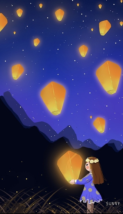 原创扁平插画 孔明灯