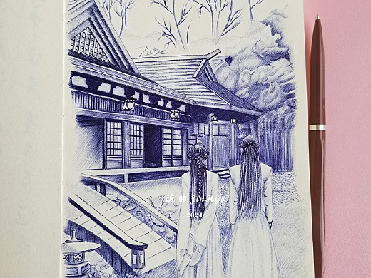 圓珠筆手繪《卿卿我心》插畫