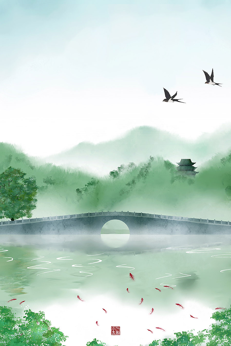 【中国风山水插画】江上春山远,山下暮云长.