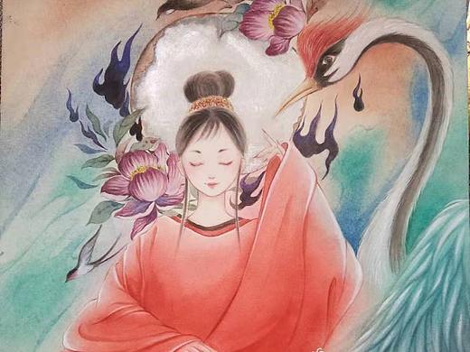 原创古风水彩-白衣红鹤