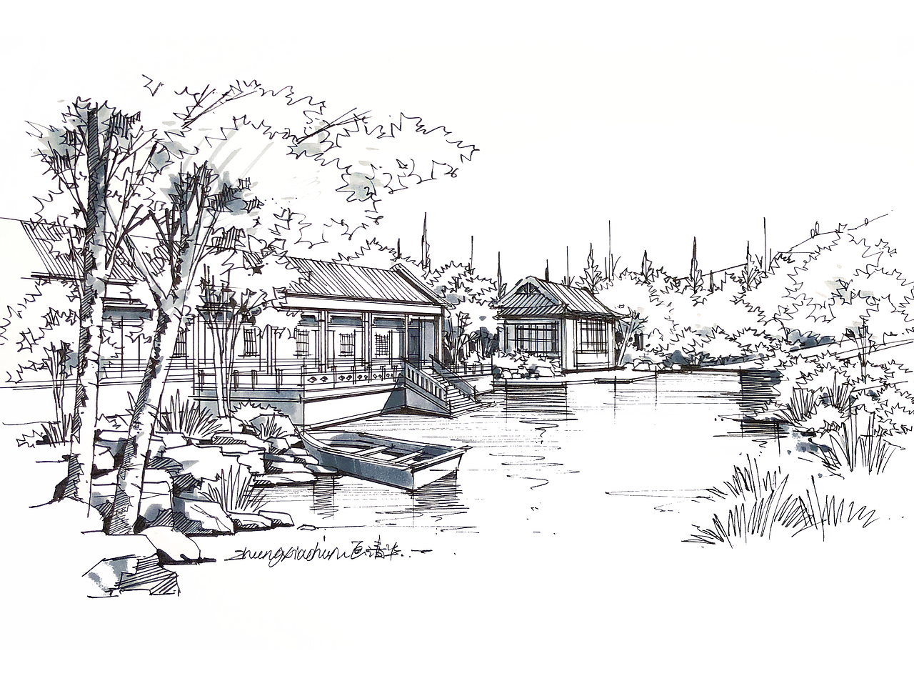 建筑手绘景观手绘北京清华大学