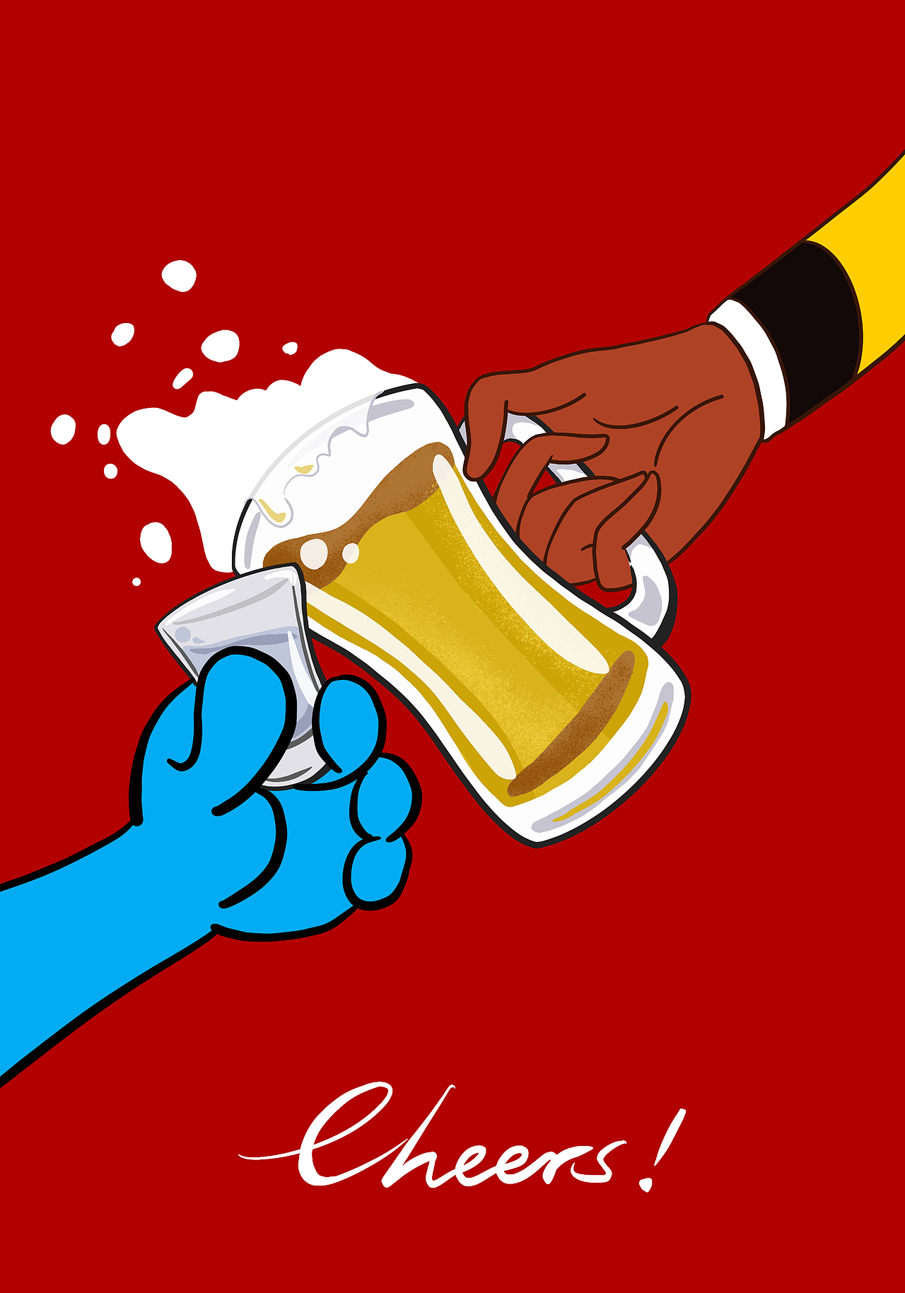 《cheers!》 来自比利时的蓝精灵与来自中国的孙悟空分别拿着白酒杯与啤酒杯举杯同庆,既表现了两国文化交融,又表现出两国友好建交。