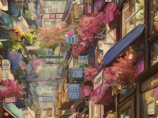 #站酷梦笔#花店，唯美，街道，鲜花，吉卜力,插画