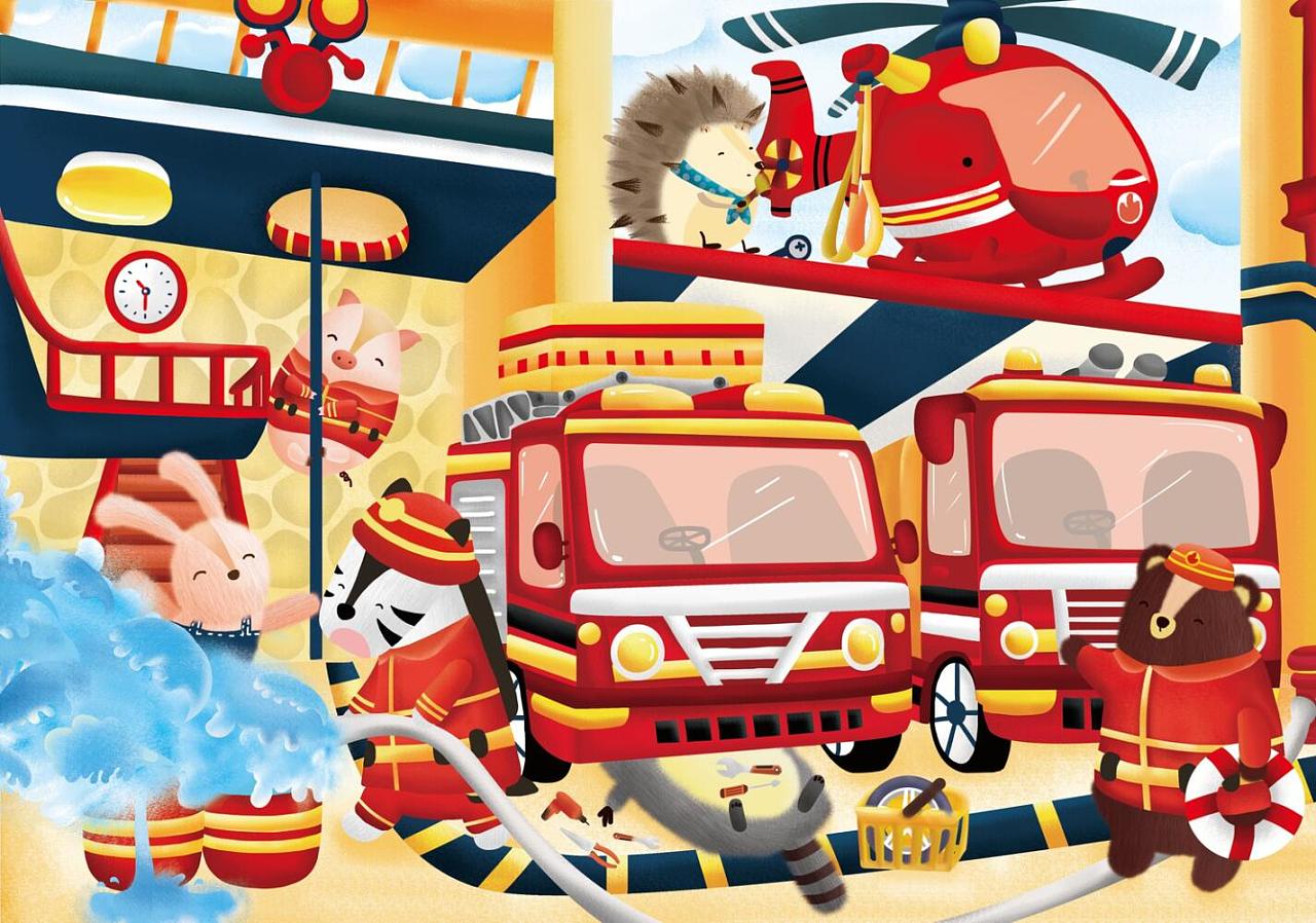 卡通消防人员救火场景素材下载