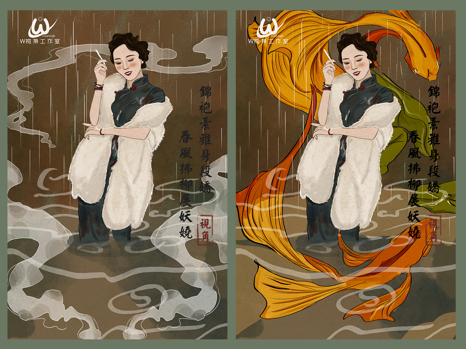 手绘插画古风-锦袍素雅身段娇,春风拂柳展妖娆