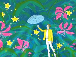 花海中举伞的男孩