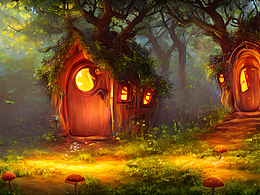 #站酷梦笔#萤火虫 树林 房屋 蘑菇 人，插画