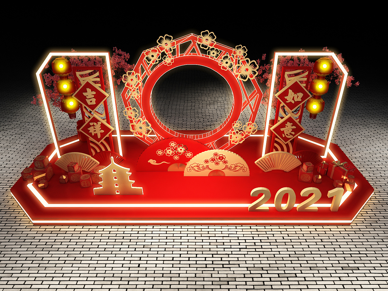 3d设计效果图中式2021年新春专用美陈dp拍照打卡点