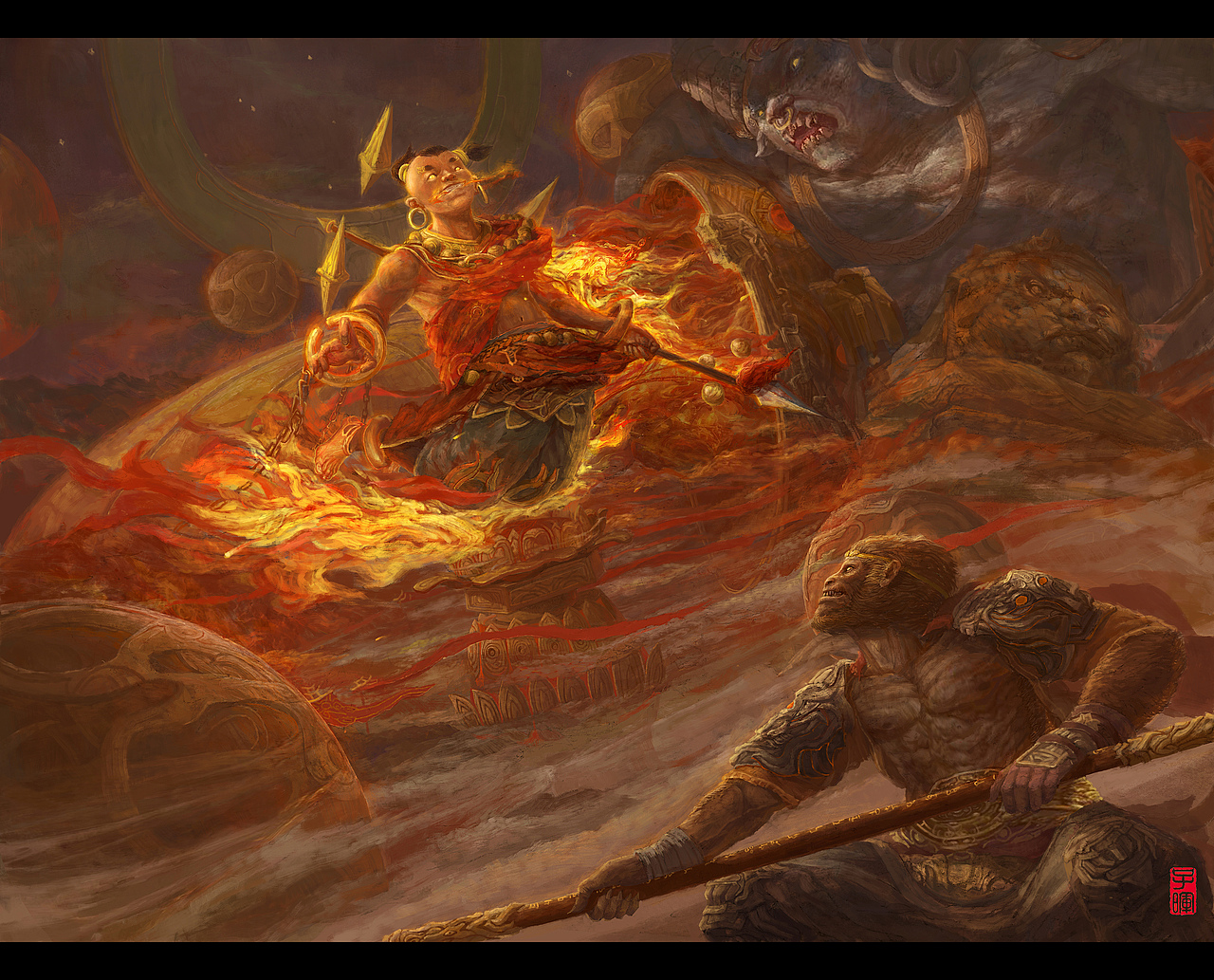 圣婴大王这张是我第一次尝试红色这种色调,因为是红孩儿的题材,所以这个色调是躲不掉了,画面中加入了圆形的不明物体是想画出一种小孩儿时玩的玩具的感觉,后面的妖怪将八卦炉中的三味真火像水一样倒了出来,点燃了大地,希望让人有一种灼烧的感觉。