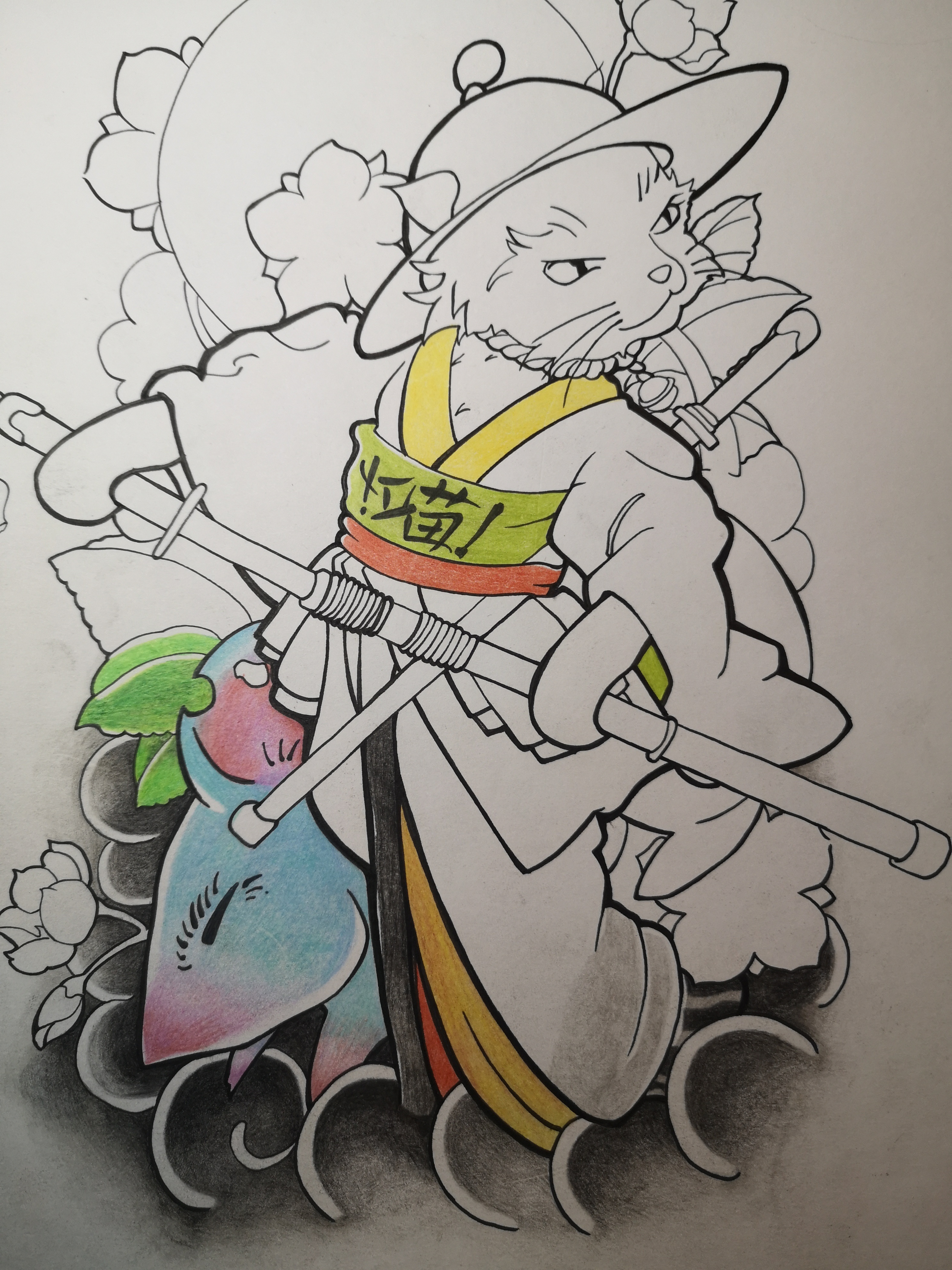 武士猫彩铅手稿