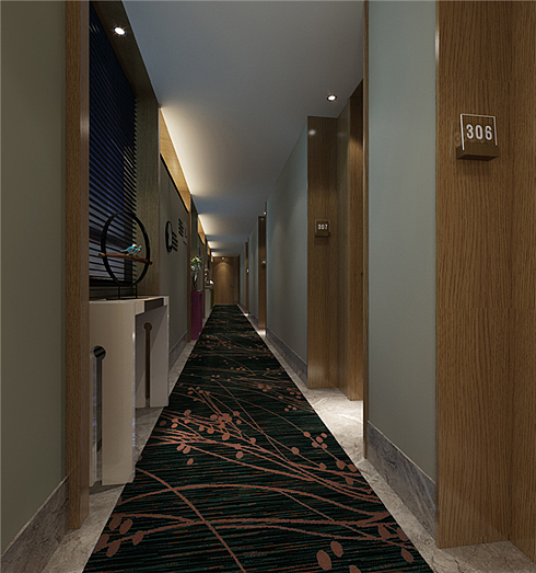 改造后走廊效果图
走廊是通向客房的必经之路,既要有安静的氛围,也要有让人舒适的气氛。本案设计师所构思的是一种安静、人性化、重人文的设计风格:走廊的天花中间没有设置照明灯,天花两侧的柔和灯带一下子把整体空间的静谧氛围营造出来,狭长的地板铺上了地毯,地毯发挥吸音作用也使整个空间显得宁静,不会打扰客房休息的客人。此外客房入口做了凹入设计,客人打开房门的时候不会吵到别人,同时也营造出了空间专属感。一般酒店客房的门牌都是面向走廊的,客人找房号有点费劲。本案设计的门牌都迎向客人,在行进中就能看到发光的门牌号。