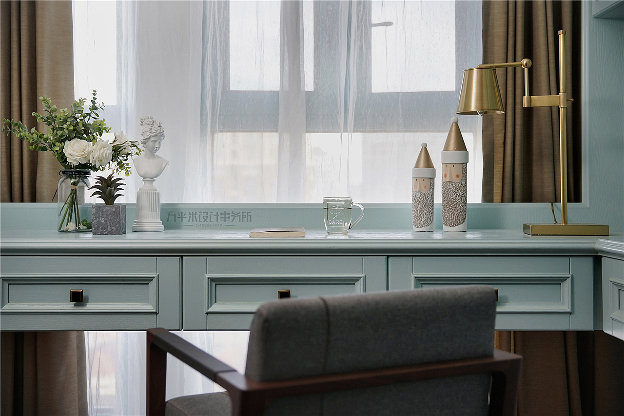 倾慕-实景-淡淡薄荷绿现代美式轻奢平层-方平米设计