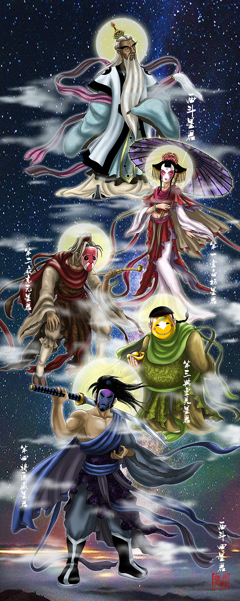 西斗主掌纪名护身，计四宫：
一宫白标星君，<br>二府高元星君。<br>三典皇灵星君。<br>四将巨威星君。<br>这四个造型  是根据  男 女 老  幼  的特点创作的~！希望大家多多支持~！