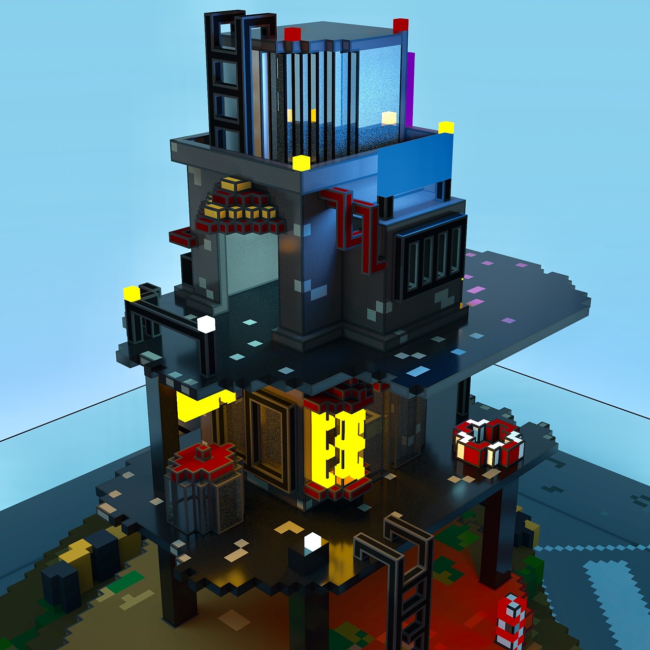 配色苦手,原本想做成赛博朋克的废墟小屋,结果做成了发廊风小店.